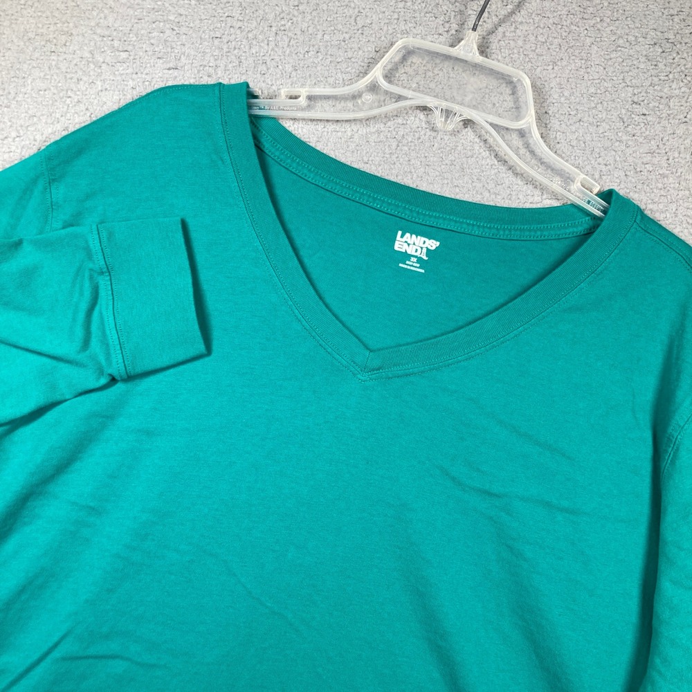 Lands' End V-Neck Top Women Plus 3X Teal Cotton Long Sleeve Relaxed Fit
